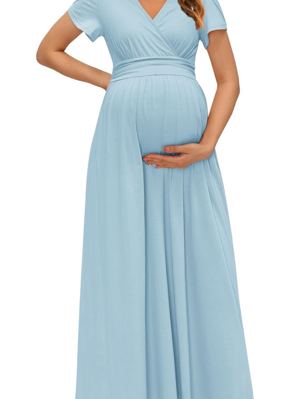 Light Blue Maternity Wrap Maxi Dress with Short Sleeves
